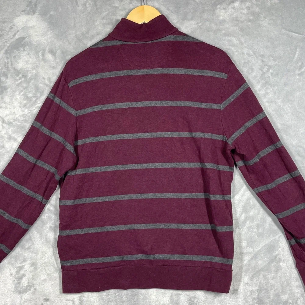 Polo Ralph Lauren Mens Medium Burgundy Grey Striped Quarter Zip Pullover Sweater